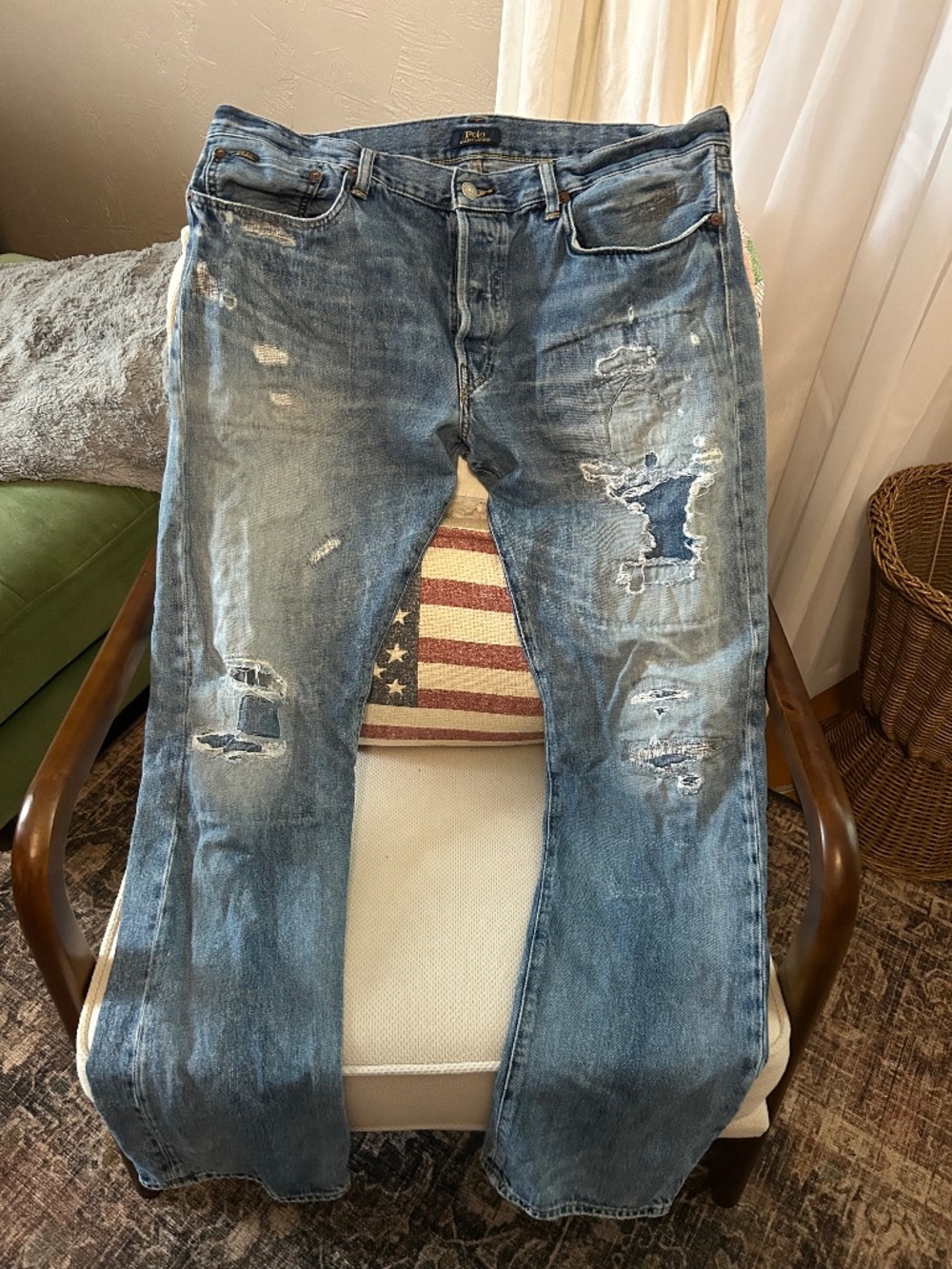 "Polo Ralph Lauren Varick Slim Straight Patchwork Distressed Jeans 36x32